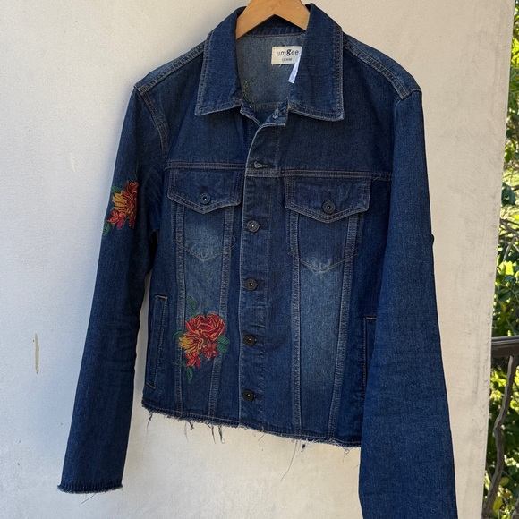 NWT jean JACKET denim -Colorful Floral Embroidery- fringe sleeve/hem S M - Picture 6 of 17